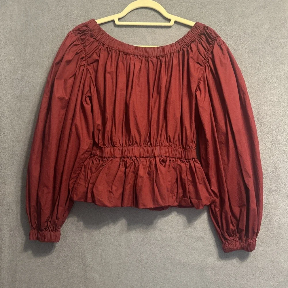 Ulla Johnson Kira Off the Shoulder Poplin Peplum Top Size 2 Burgundy Peasant